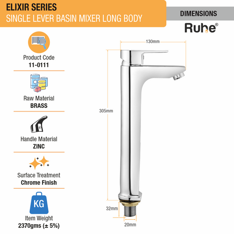 Elixir Single Lever Tall Body Basin Mixer Faucet dimensions and size