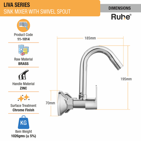 Liva Sink Mixer with Small (12 inches) Round Swivel Spout Faucet dimensions and size