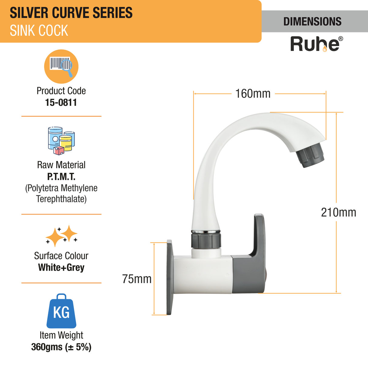 Silver Curve Sink Tap with Swivel Spout PTMT Faucet dimensions and sizes