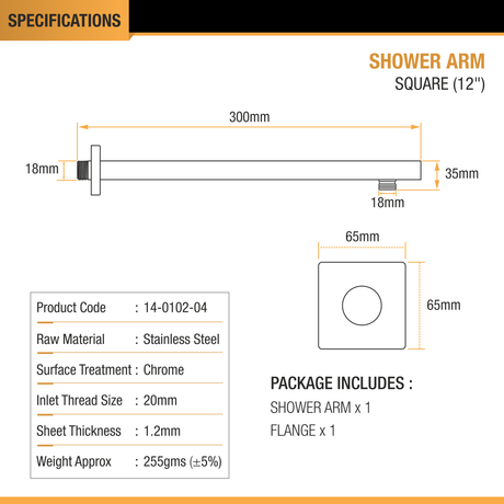 Square Shower Arm (12 Inches) with Flange dimensions and sizes