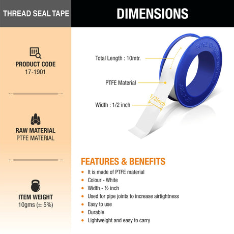 Thread Seal PTFE Tape (Pack of 10) dimensions and sizes