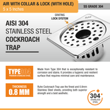 Air Floor Drain with Collar Square (5 x 5 Inches) with Lock, Hole and Cockroach Trap (304 Grade) stainless steel
