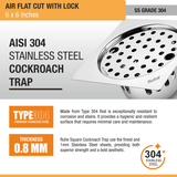 Air Floor Drain Square Flat Cut (6 x 6 Inches) with Lock and Cockroach Trap (304 Grade) stainless steel