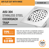 Air Square Flat Cut Floor Drain (6 x 6 Inches) with Hinge & Cockroach Trap (304 Grade) stainless steel