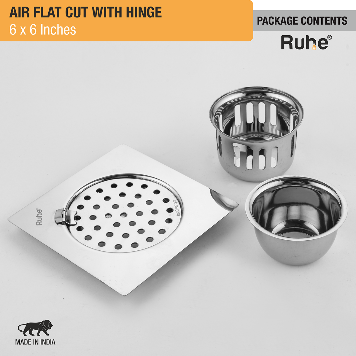 Air Square Flat Cut Floor Drain (6 x 6 Inches) with Hinge & Cockroach Trap (304 Grade) package content