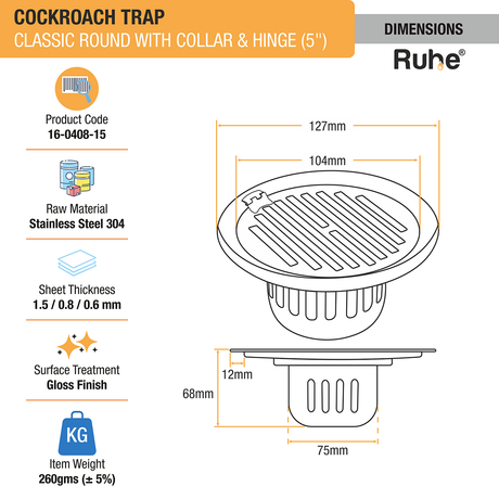 Classic Round Floor Drain (5 Inches) with Hinge & Cockroach Trap (304 Grade) dimensions and size