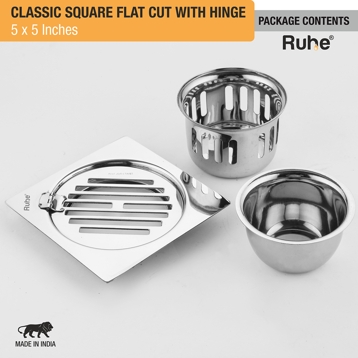 Classic Square Flat Cut Floor Drain (5 x 5 Inches) with Hinge & Cockroach Trap (304 Grade) package content