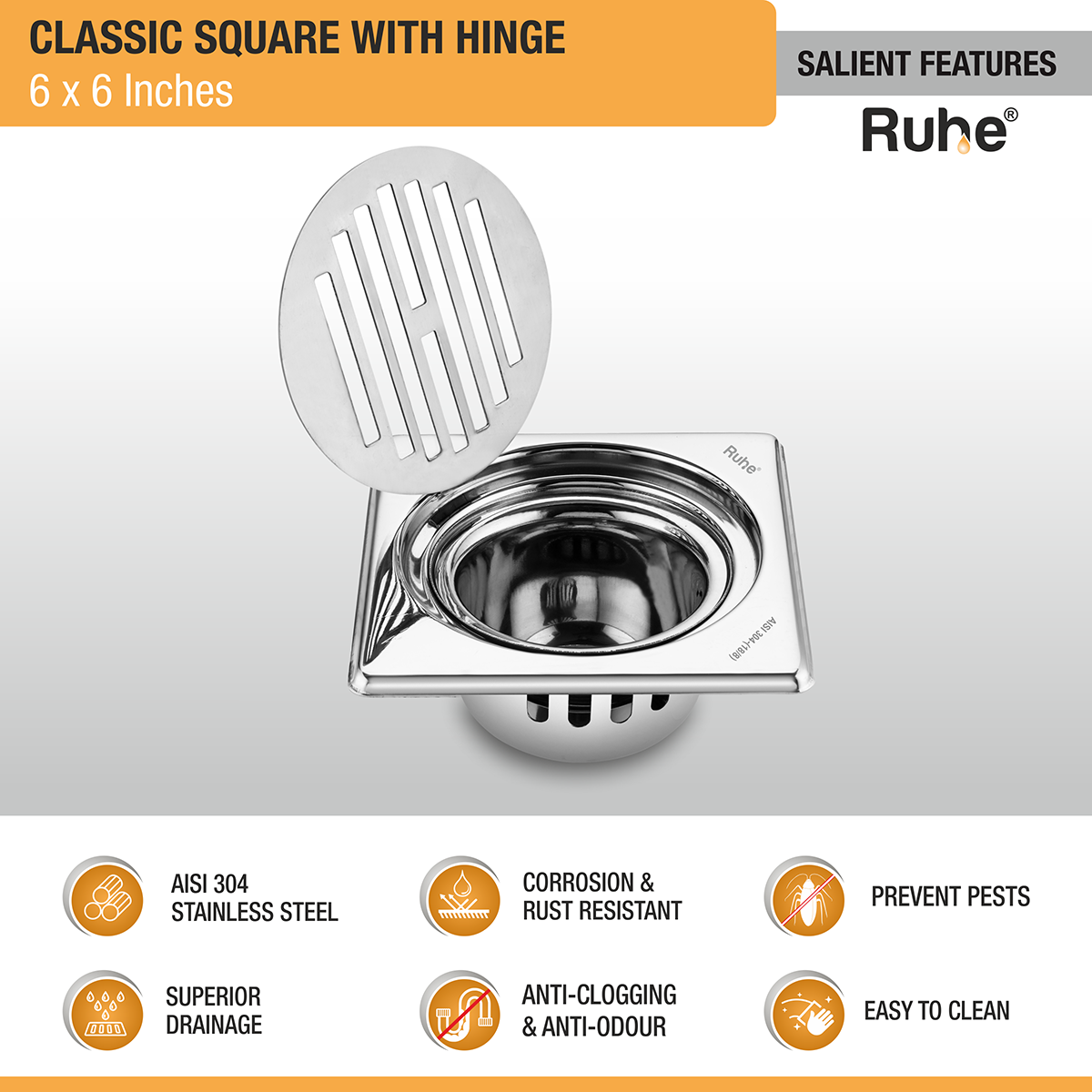 Classic Square Floor Drain (6 x 6 Inches) with Hinge & Cockroach Trap (304 Grade) features