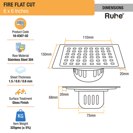 Fire Floor Drain Square Flat Cut (6 x 6 Inches) with Cockroach Trap (304 Grade) dimensions and size