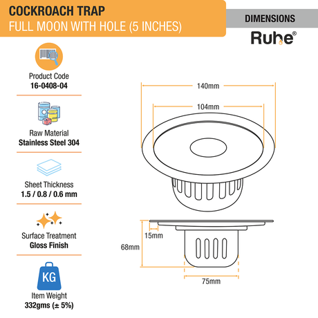 Full Moon Round Floor Drain (5 Inches) with Hole and Cockroach Trap (304 Grade) dimensions and size