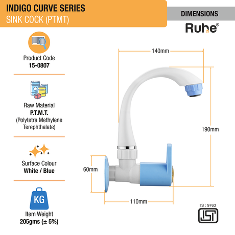 Indigo Curve Sink Tap with Swivel Spout PTMT Faucet dimensions and size
