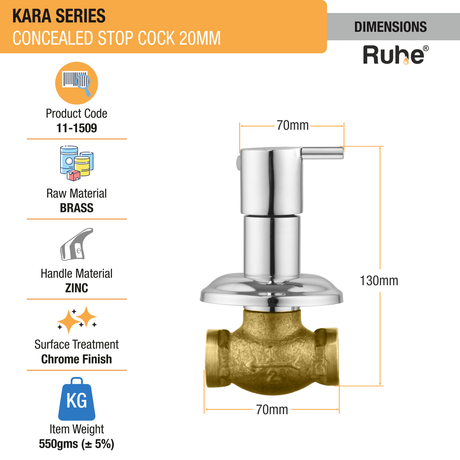 Kara Concealed Stop Cock Faucet (20mm) dimensions and sizes