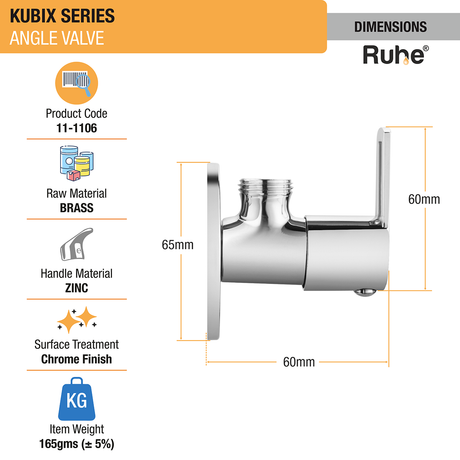 Kubix Angle Valve Brass Faucet dimensions and size