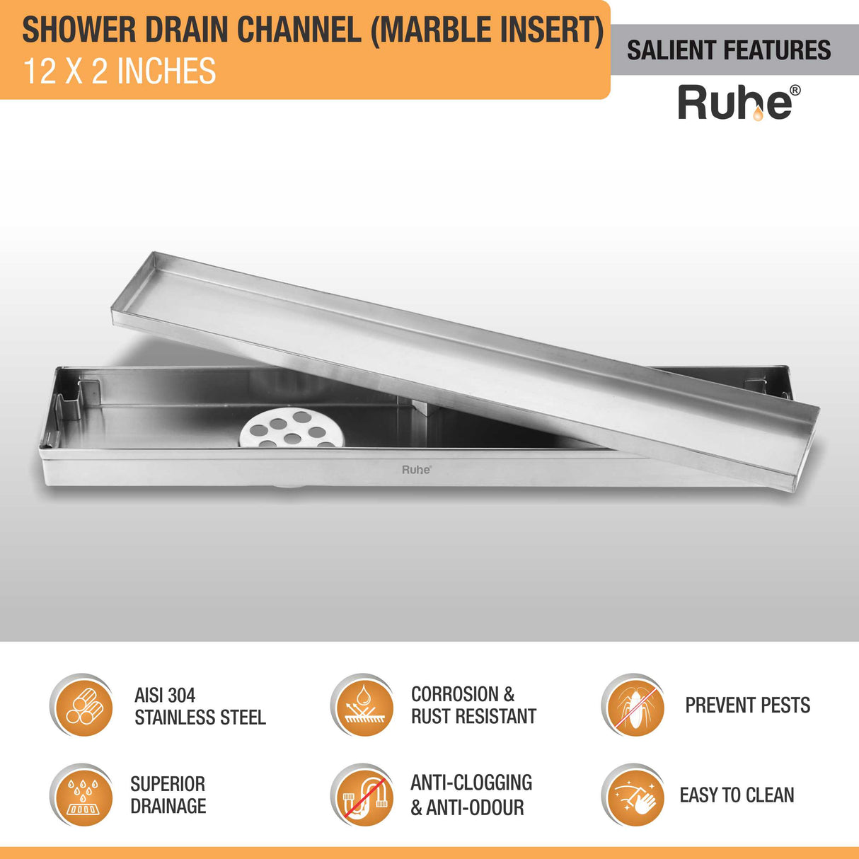 Marble Insert Shower Drain Channel (12 x 2 Inches) (304 Grade) features