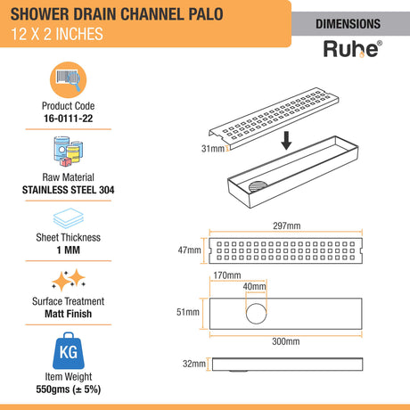 Palo Shower Drain Channel (12 X 2 Inches) dimensions and size