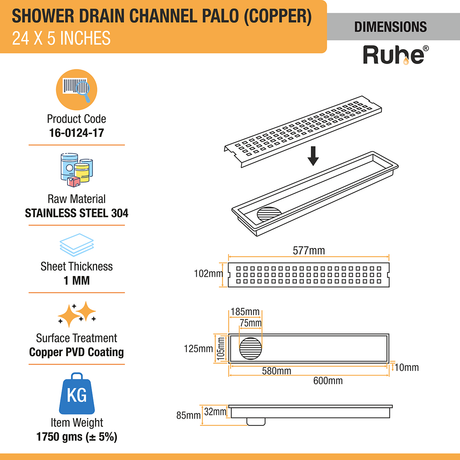 Palo Shower Drain Channel (24 x 5 Inches) ROSE GOLD/ANTIQUE COPPER dimensions and size
