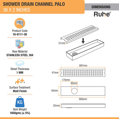 Palo Shower Drain Channel (36 X 2 Inches) (304 Grade) dimensions and size