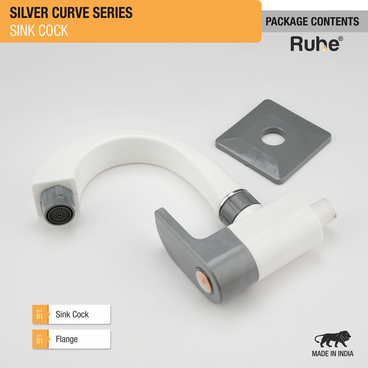 Silver Curve PTMT Sink Cock with Swivel Spout Faucet package contents (sink cock & flange)