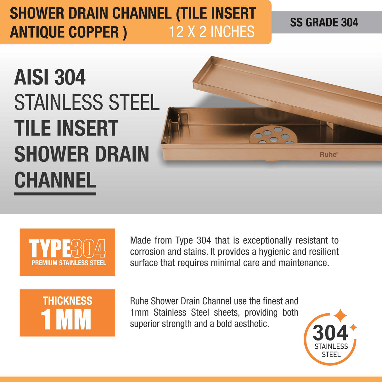 Tile Insert Shower Drain Channel (12 x 2 Inches) ROSE GOLD/ANTIQUE COPPER stainless steel