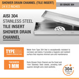 Tile Insert Shower Drain Channel (24 x 2 Inches) (304 Grade) stainless steel