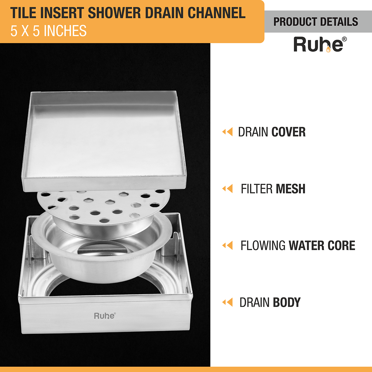 Tile Insert Shower Drain Channel (5 x 5 Inches) with Cockroach Trap (304 Grade) - by Ruhe®