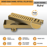Vertical Shower Drain Channel (12 x 3 Inches) YELLOW GOLD features