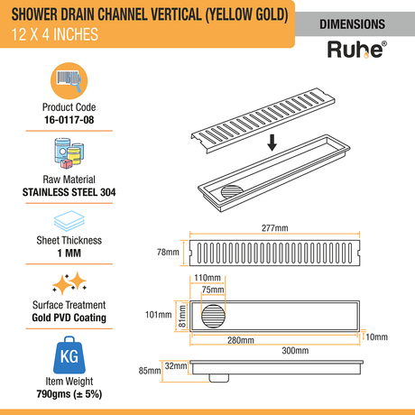 Vertical Shower Drain Channel (12 x 4 Inches) YELLOW GOLD dimensions and size
