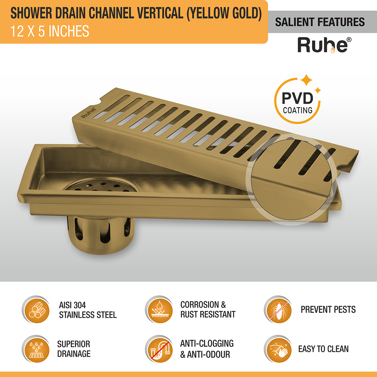 Vertical Shower Drain Channel (12 x 5 Inches) YELLOW GOLD features
