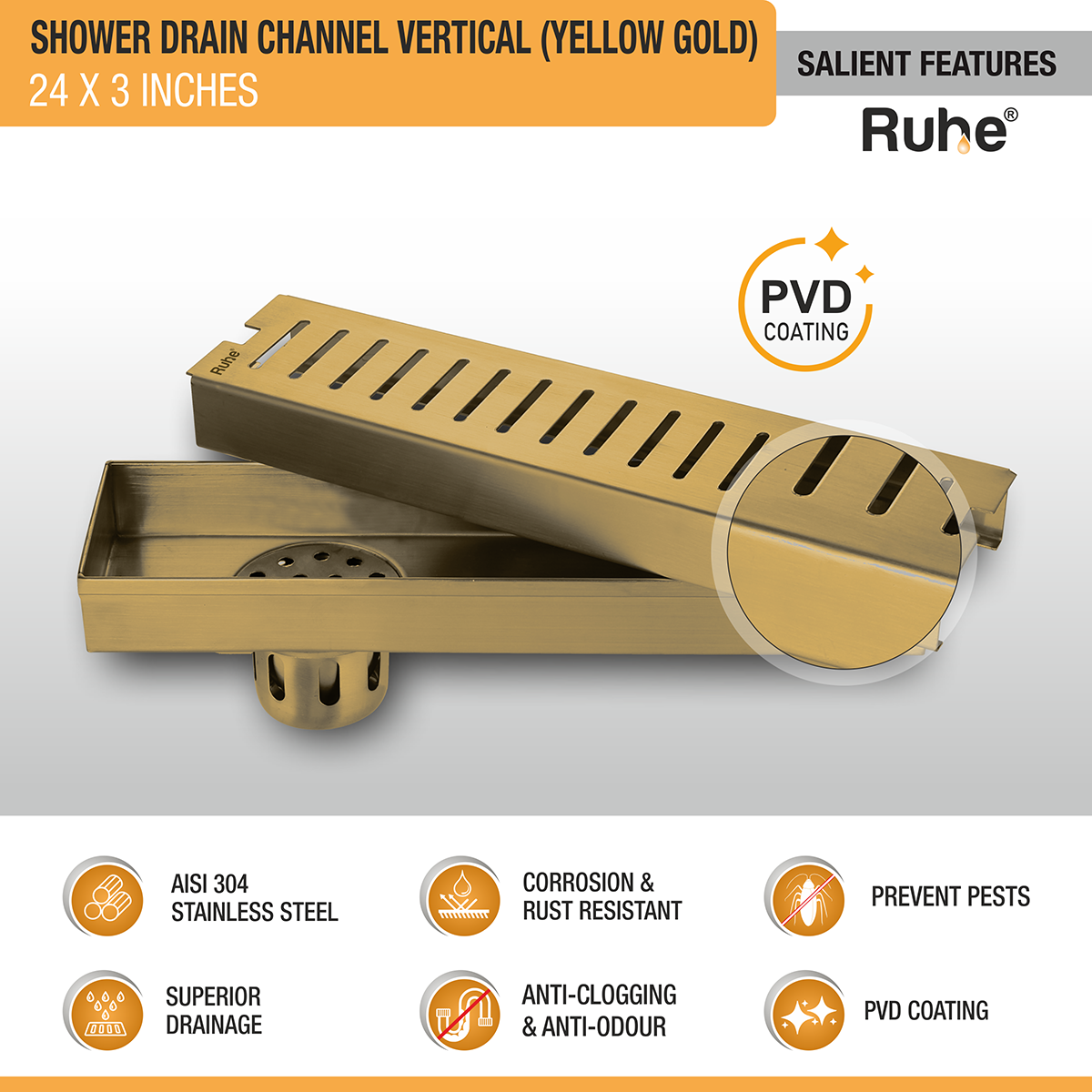 Vertical Shower Drain Channel (24 x 3 Inches) YELLOW GOLD features