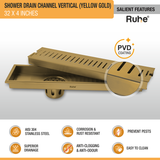 Vertical Shower Drain Channel (32 x 4 Inches) YELLOW GOLD features