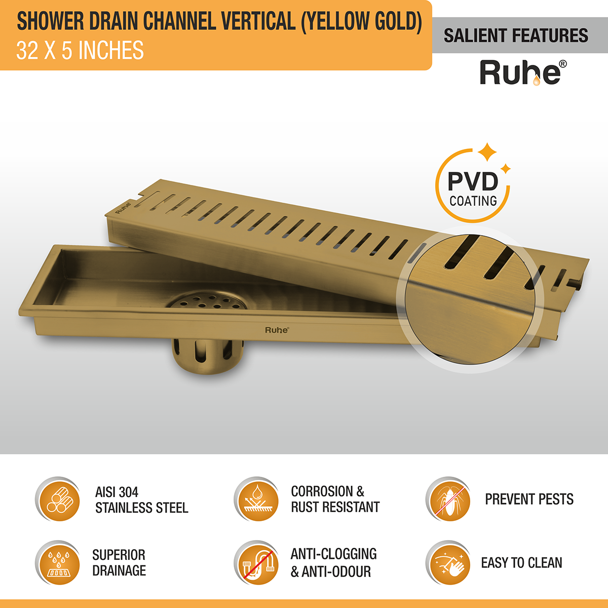 Vertical Shower Drain Channel (32 x 5 Inches) YELLOW GOLD features