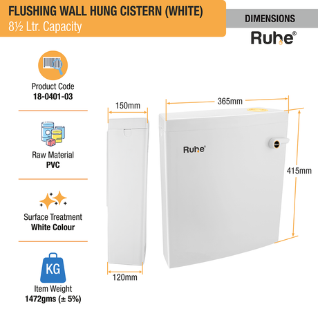 Flushing Wall Hung Cistern 8.5 Ltr. (White) dimensions and size