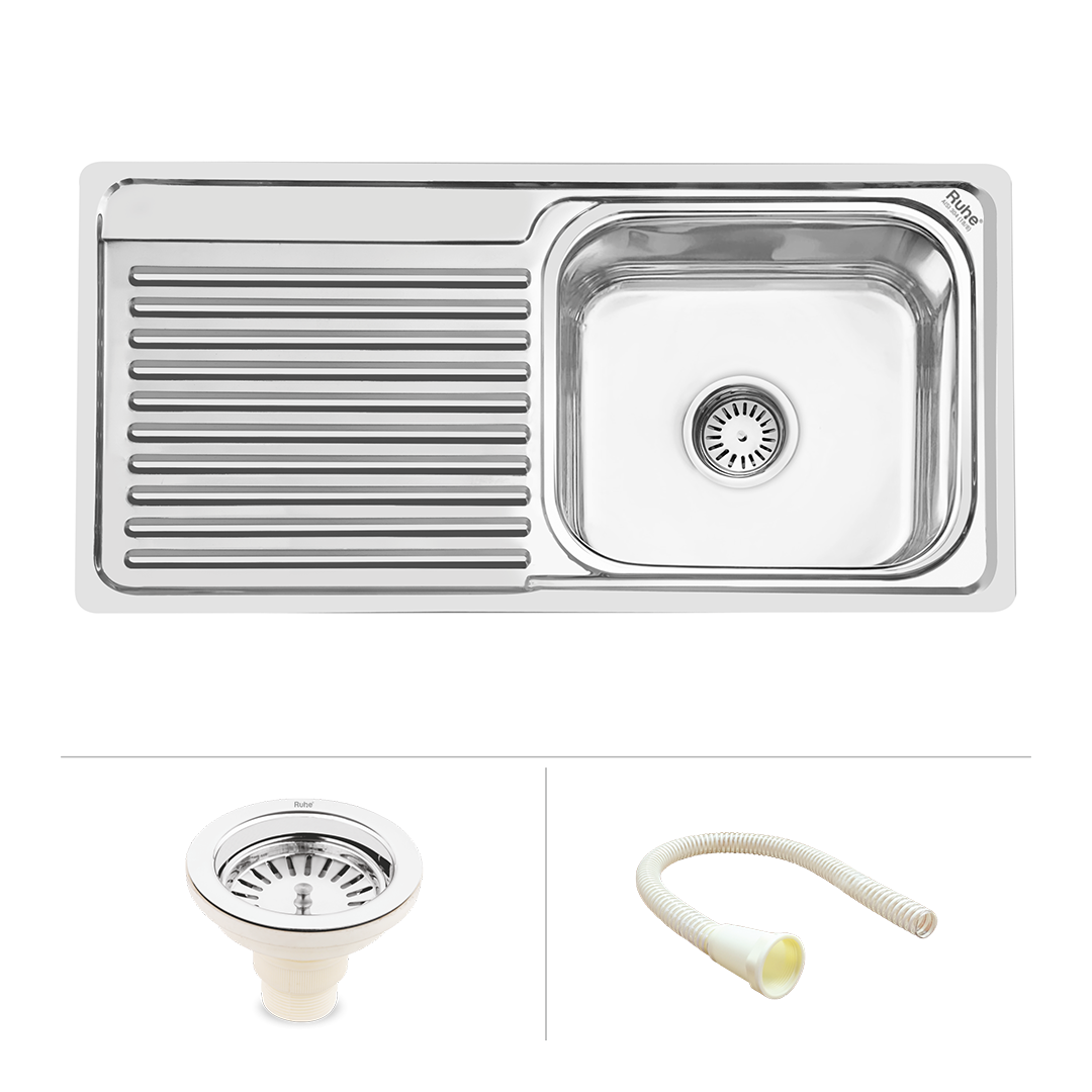 Square Single Bowl (37 x 18 x 8 Inches) 304-Grade Stainless Steel Kitchen Sink with Drainboard - by Ruhe®