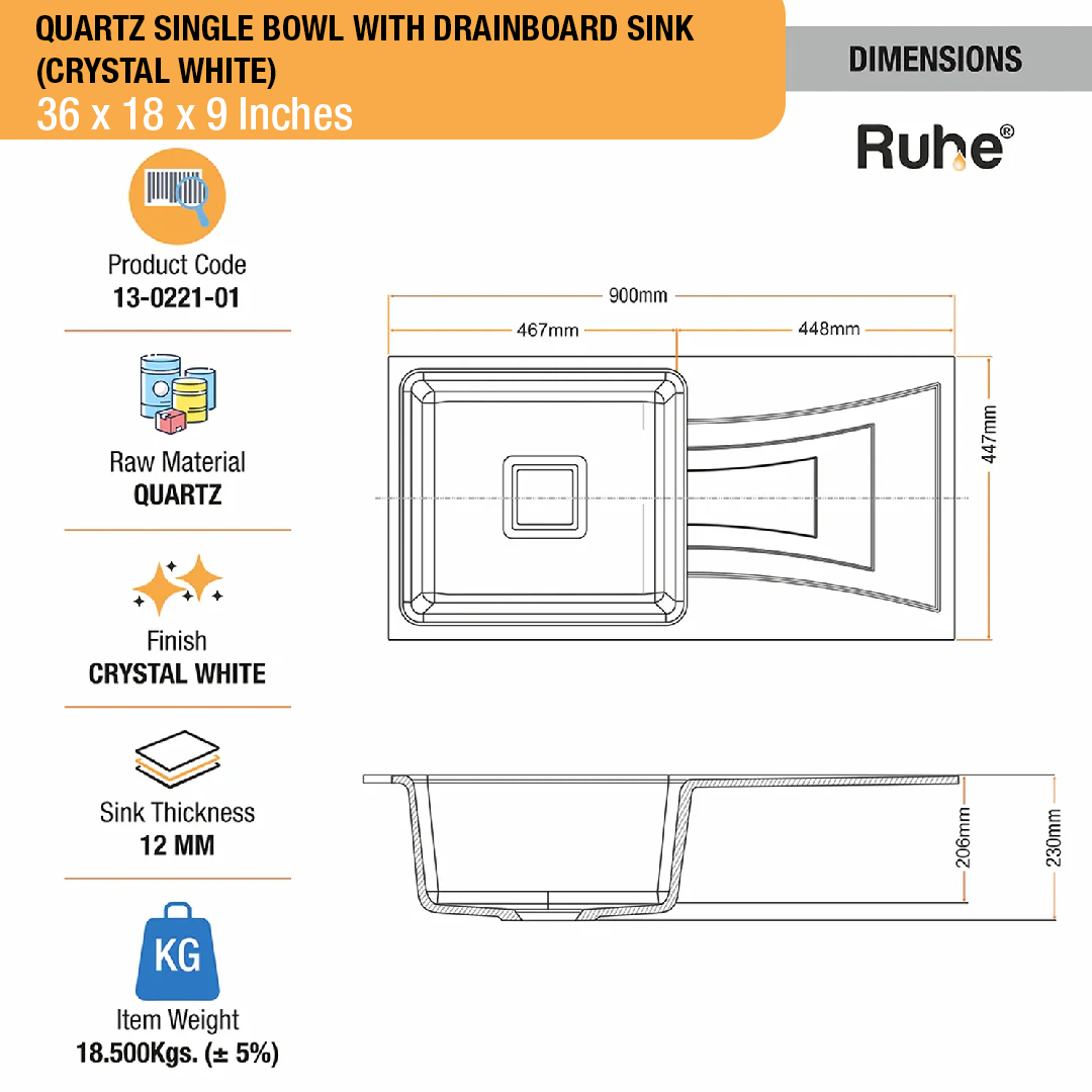 Crystal White Quartz Single Bowl with Drainboard  Kitchen Sink (36 x 18 x 9 inches) - by Ruhe