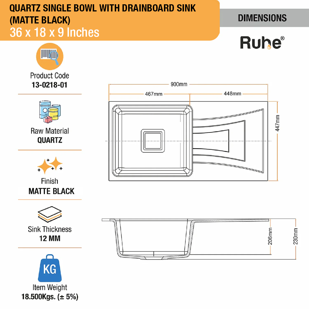 Matte Black Quartz Single Bowl with Drainboard  Kitchen Sink (36 x 18 x 9 inches) - by Ruhe