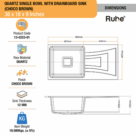 Choco Brown Quartz Single Bowl with Drainboard  Kitchen Sink (36 x 18 x 9 inches) - by Ruhe