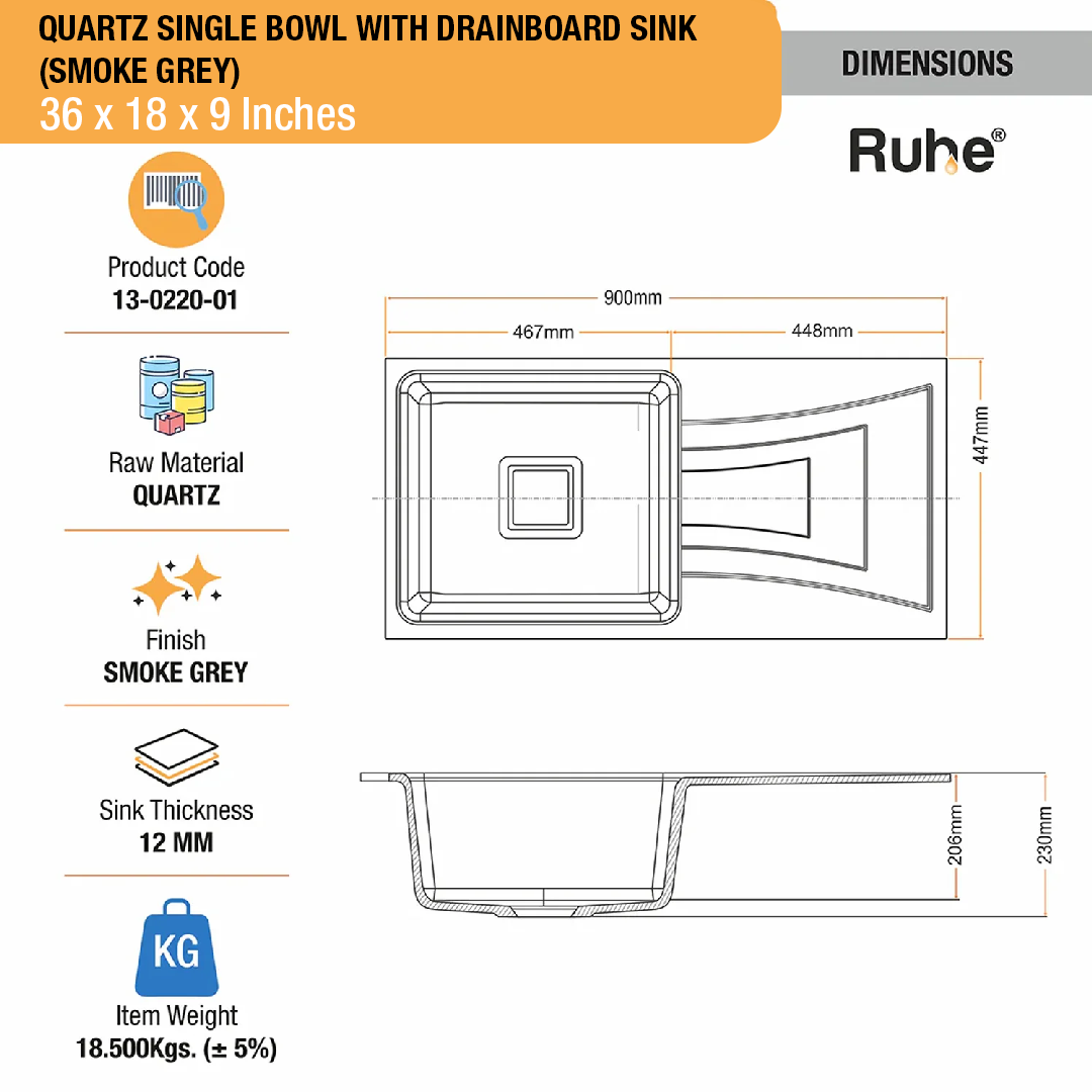 Smoke Grey Quartz Single Bowl with Drainboard  Kitchen Sink (36 x 18 x 9 inches) - by Ruhe