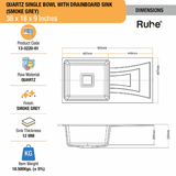 Smoke Grey Quartz Single Bowl with Drainboard  Kitchen Sink (36 x 18 x 9 inches) - by Ruhe