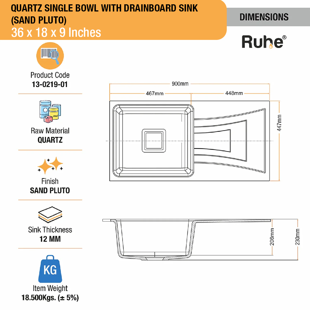 Sand Pluto Quartz Single Bowl with Drainboard  Kitchen Sink (36 x 18 x 9 inches) - by Ruhe