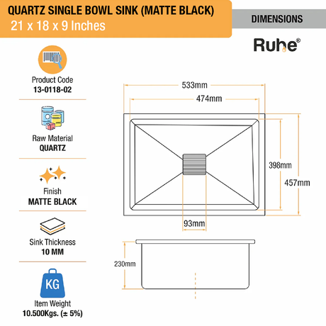 Matte Black Quartz Single Bowl Kitchen Sink  (21 x 18 x 9 inches) - by Ruhe