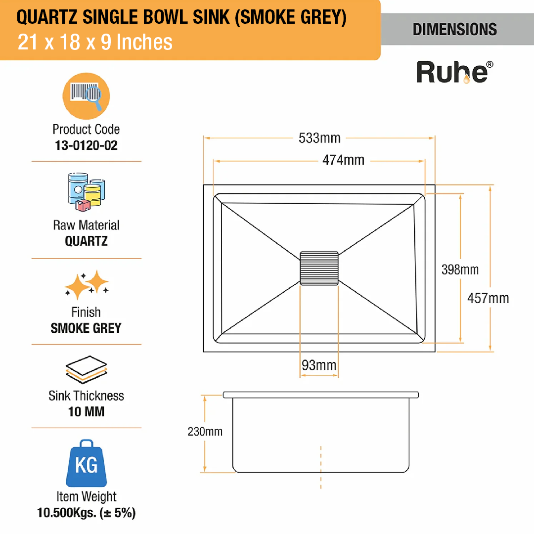 Smoke Grey Quartz Single Bowl Kitchen Sink  (21 x 18 x 9 inches) - by Ruhe