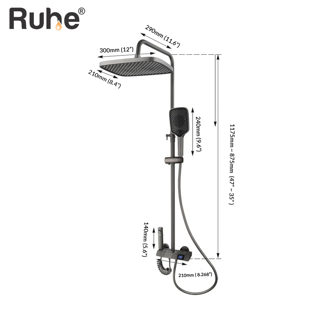 Digital 4-in-1 Piano Shower Panel Complete Set including Overhead Shower, Multi-flow Hand Shower & Health Faucet - by Ruhe®️