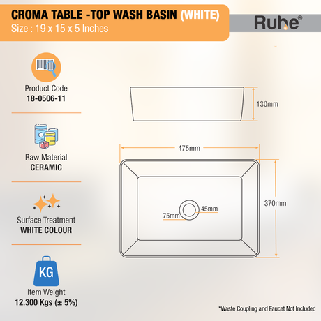 Croma Table-Top Wash Basin (White) - by Ruhe