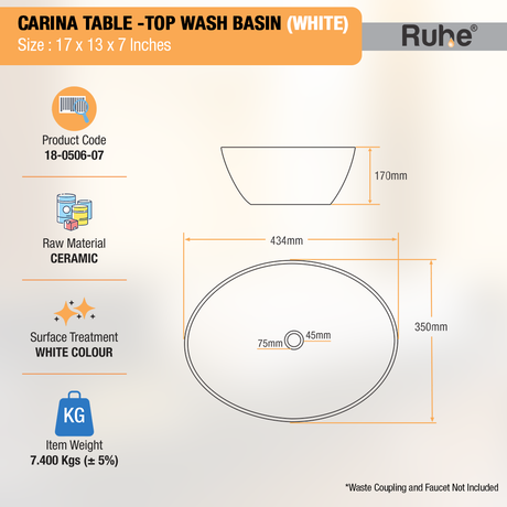 Carina Table Top Wash Basin (White) - Size