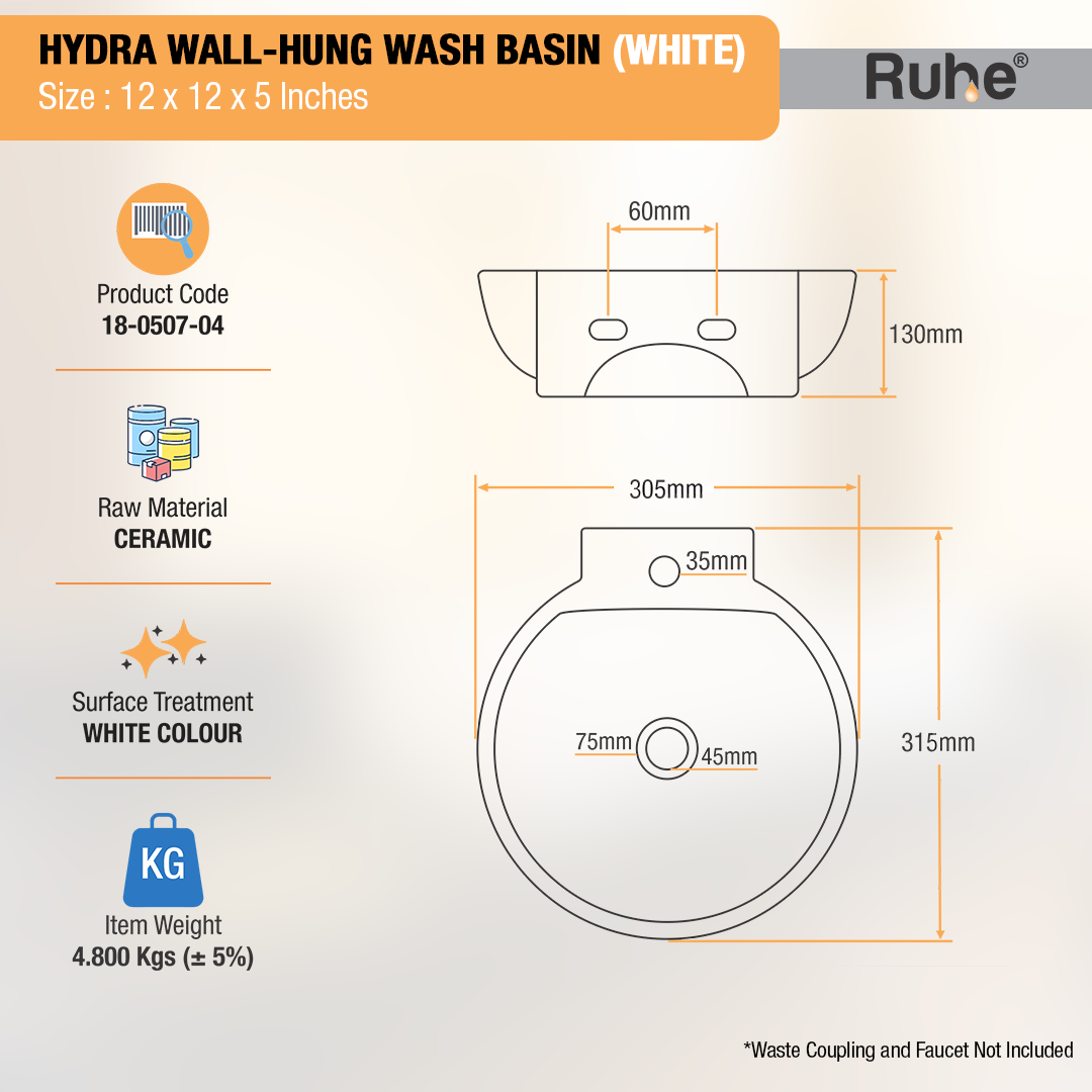 Hydra Wall-hung Wash Basin (White) - by Ruhe