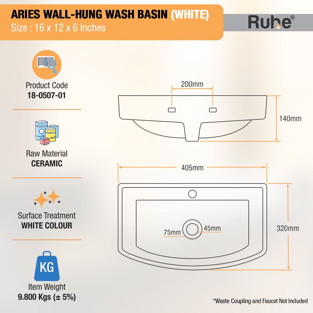 Aries Wall-hung Wash Basin (White) - by Ruhe