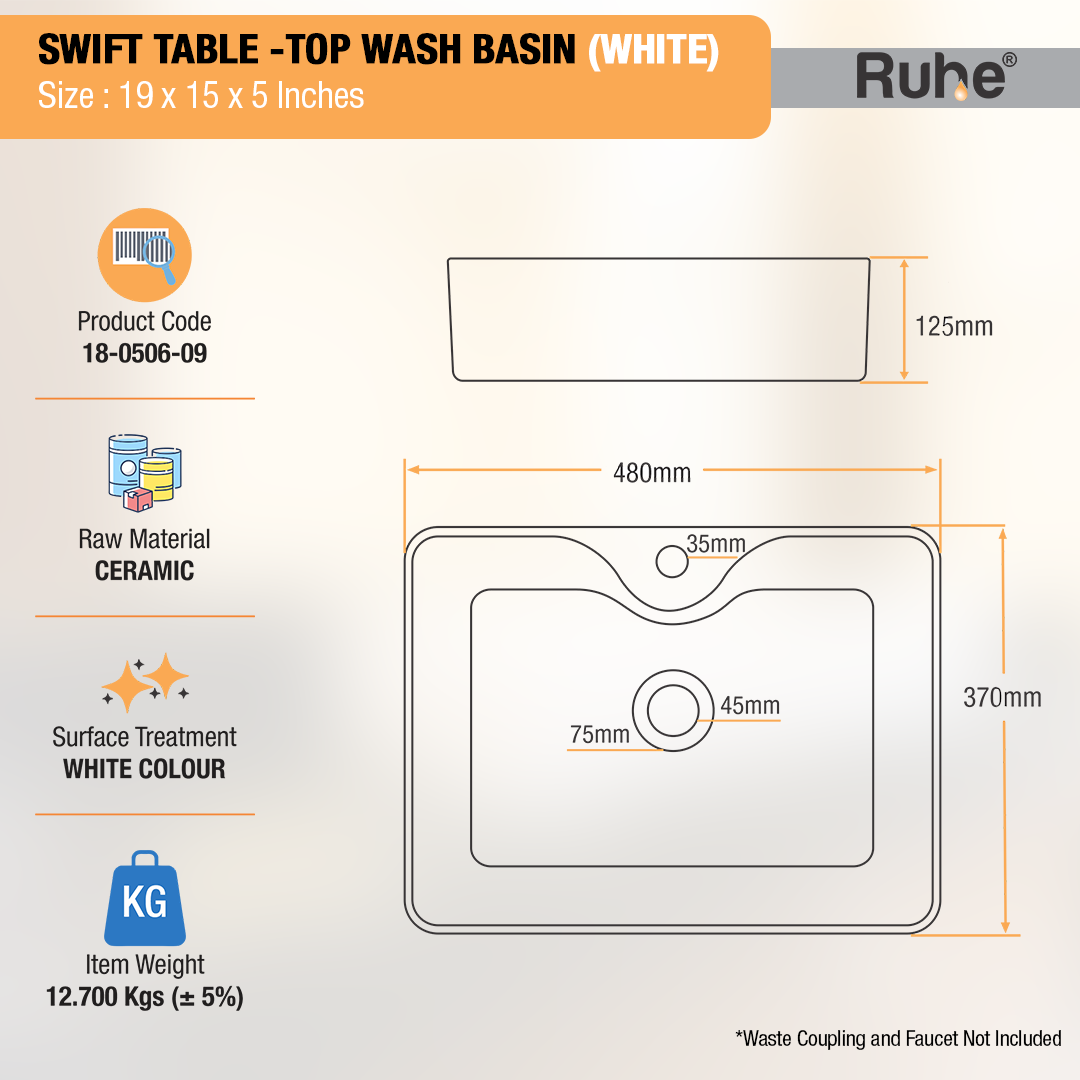 Swift Table-Top Wash Basin (White) - by Ruhe