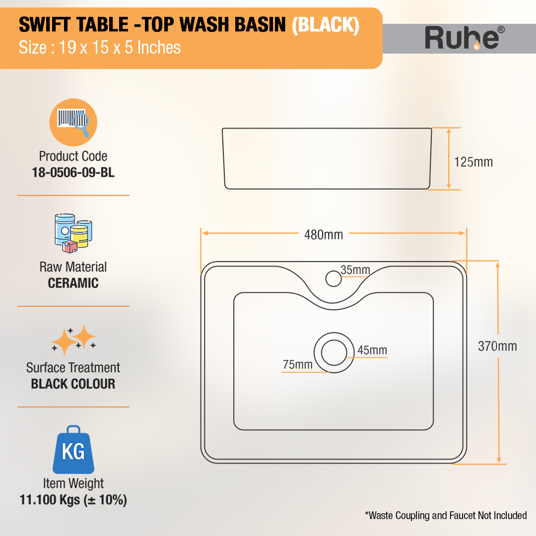 Swift Table-Top Wash Basin (Black) - by Ruhe