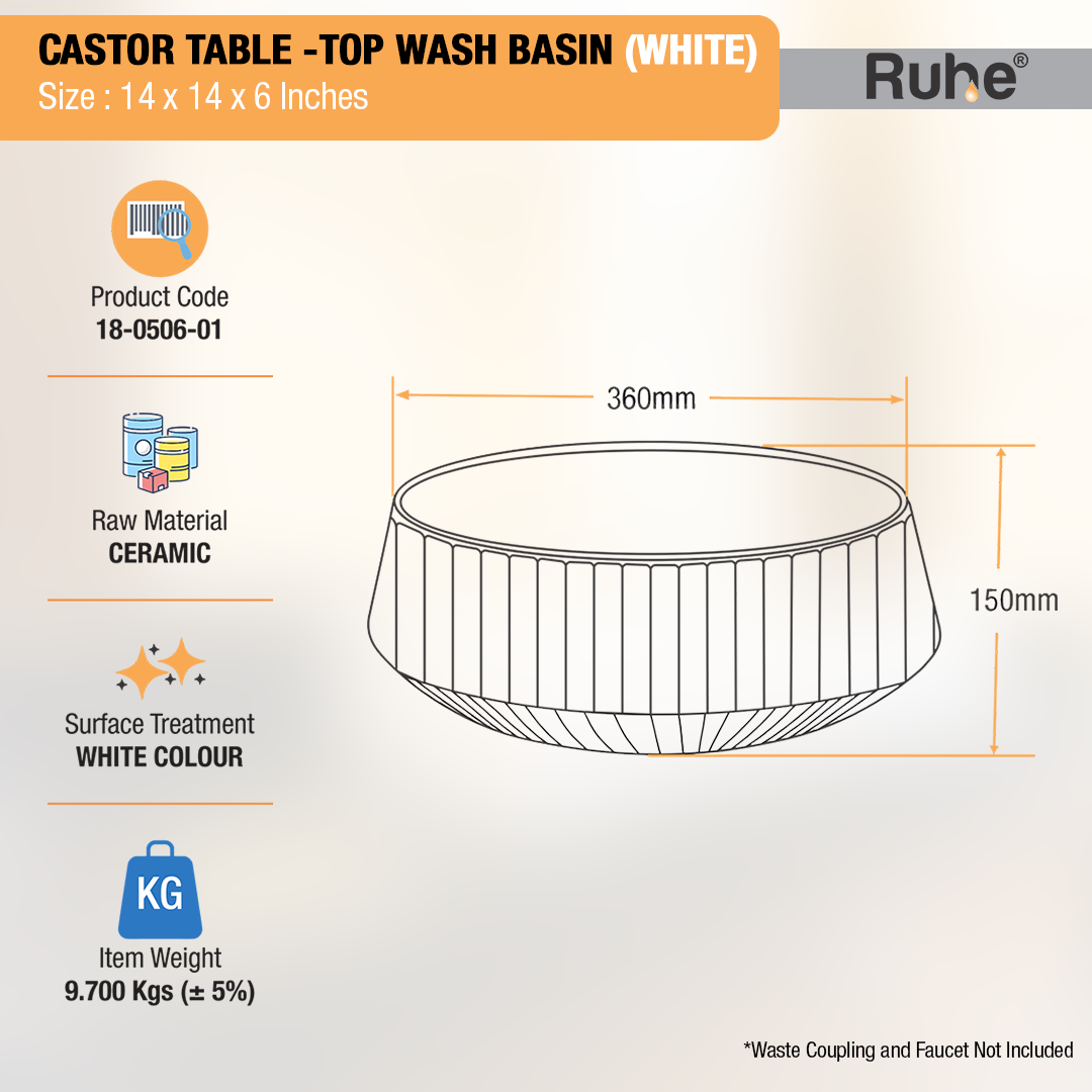 Castor Table-Top Wash Basin (White) - by Ruhe