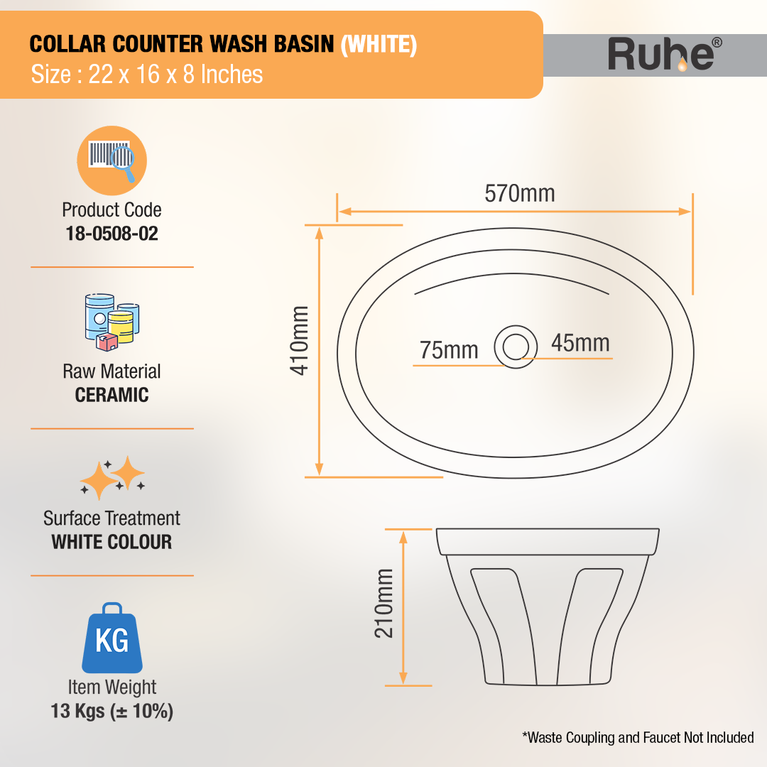 Collar Counter Wash Basin (White) - by Ruhe